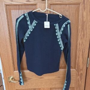 Free People Dark Blue Long Sleeve with Light Green Details